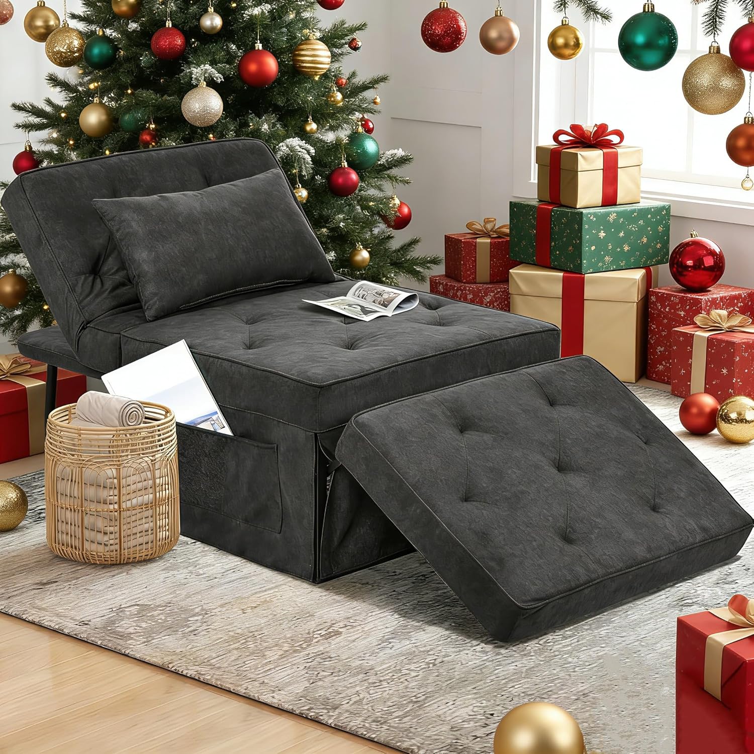 Sleeper Chair Sofa Bed, 4-in-1 Convertible Futon Chair Multi-Function Couch Folding Ottoman with Adjustable Backrest for Living Room Apartment Office, No Assembly Required, 29” Width,Dark Gray