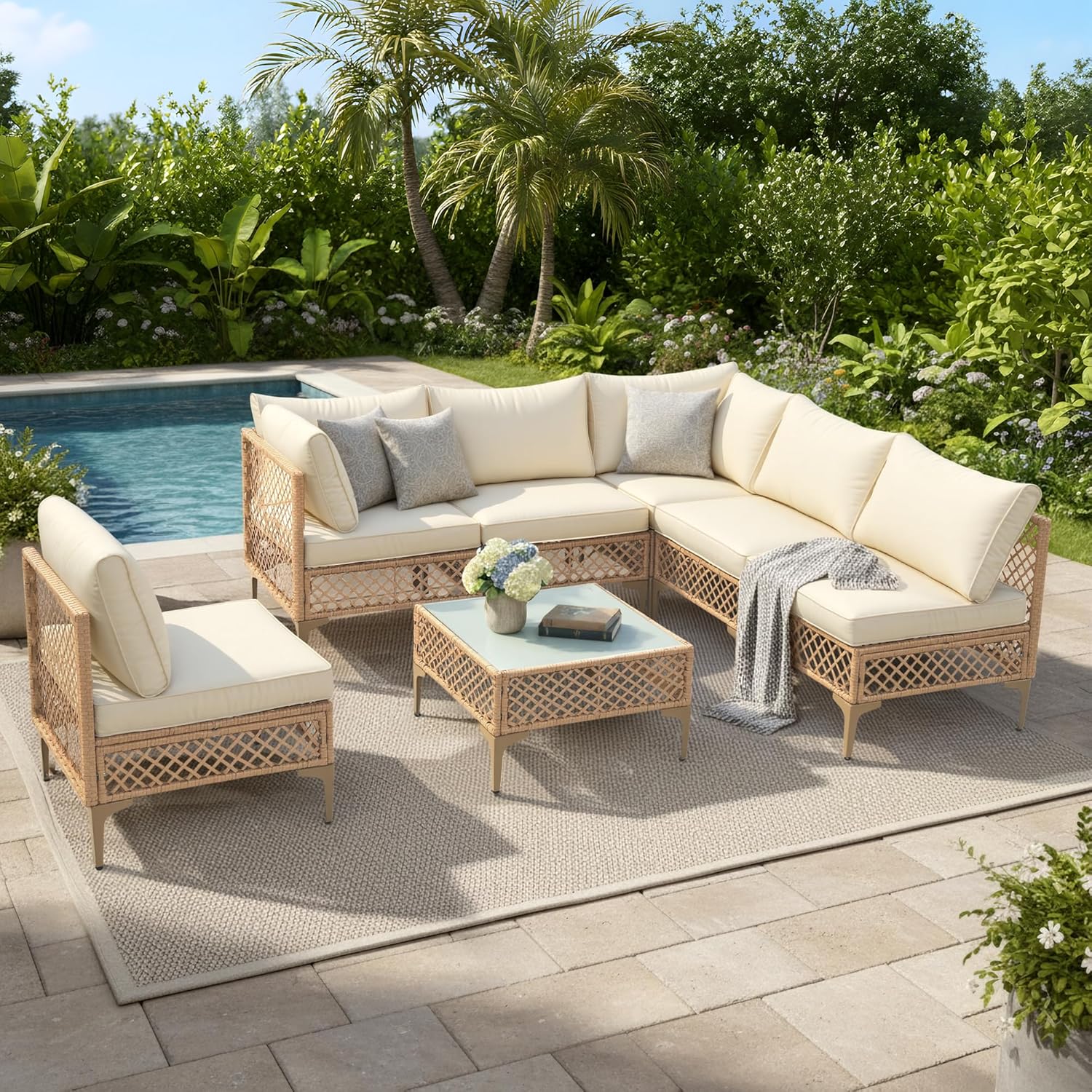 7-Piece Outdoor Sectional Sofa Set, Boho Rattan Patio Furniture with Thick Cushions and Coffee Table, All-Weather Conversation Set for Deck, Yard or Poolside, Natural/Beige